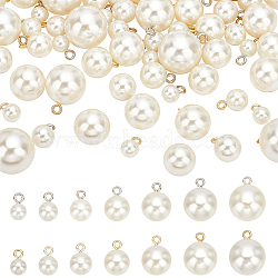 PandaHall Elite 112Pcs 14 Style ABS Plastic Imitation Pearl Pendants, with Iron Finding, Round, Platinum & Golden, 12.5~24.5x7.8~19.5mm, Hole: 2.4~2.8mm, 8pcs/style(KY-PH0001-85)