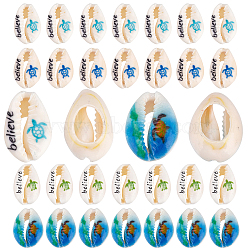 40Pcs 2 Style Printed Cowrie Shell Beads, No Hole/Undrilled, Sea Turtle & Believe PatternHooks & Pins, Mixed Color, 40pcs/box(SHEL-SC0001-21)