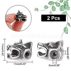 304 Stainless Steel Beads, Wolf Head, Antique Silver, 14x11x11mm, Hole: 2mm, 2pcs/box(STAS-UN0001-18AS)