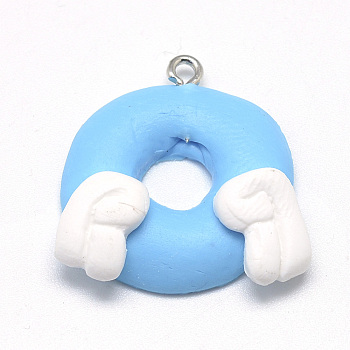 Handmade Polymer Clay Pendants, Donut, Deep Sky Blue, 22~25x23~30x6~7mm, Hole: 2mm