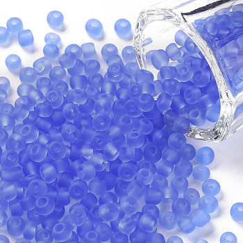 (Repacking Service Available) Glass Seed Beads, Frosted Colors, Round, Cornflower Blue, 6/0, 4mm, Hole: 1~1.5mm, about 12g/bag
