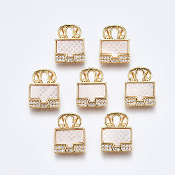 Brass Micro Pave Clear Cubic Zirconia Charms, with White Sea Shell, Nickel Free, Bag, Real 18K Gold Plated, 13x10x4.5mm, Hole: 2x4mm