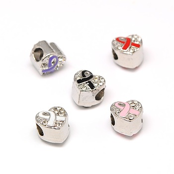 Platinum Plated Alloy Rhinestone European Beads, Large Hole Heart Beads with Enamel Breast Cancer Awareness Ribbon, Mixed Color, 9.5x9.5x8.5mm, Hole: 4mm