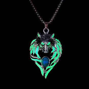 Luminous Glow In The Dark Enamel Wolf Pendant Necklace with Synthetic Turquoise Beaded, Alloy Jewelry, Green, 27.56 inch(70cm)