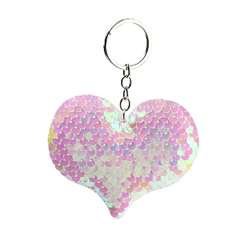 PVC Reflective Sequin Heart Pendant Keychain, with Platinum Plated Iron Findings, for Car Keychain Bag Ornament, White, 11.5~12cm