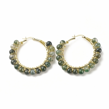 Natural Moss Agate Beaded Hoop Earrings for Women, Real 18K Gold Plated Wire Wrap Big Circle Hoop Earrings, 47~49x51~52x6~6.6mm, Pin: 1.4x0.4mm