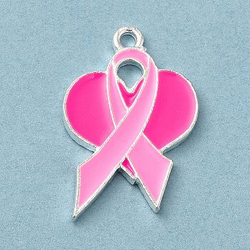 Breast Cancer Pink Awareness Ribbon Theme Alloy Enamel Pendants, Silver, Heart, 23x15.5x1.5mm, Hole: 1.5mm