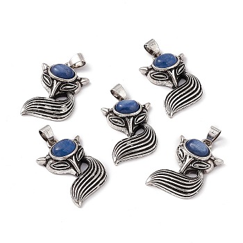 Natural Kyanite/Cyanite/Disthene Pendants, Fox Charms, with Antique Silver Color Brass Findings, 29x19x8mm, Hole: 4~5x3.5mm