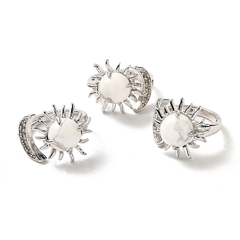 Natural Howlite Sun & Moon Open Cuff Rings, Platinum Brass Jewelry for Women, Lead Free & Cadmium Free, Inner Diameter: 17~18mm