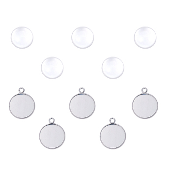 DIY Pendants Making, with 304 Stainless Steel Pendant and Clear Half Round Glass Cabochons, Flat Round, Stainless Steel Color, Cabochons: 20x10mm, Settings: 26.5x22x2mm, 2pcs/set