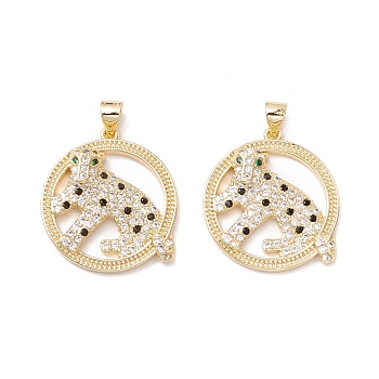 Brass Micro Pave Colorful Cubic Zirconia Pendants, Flat Round with Leopard, Real 18K Gold Plated, 24.5x22x4.5mm, Hole: 3.5x4mm