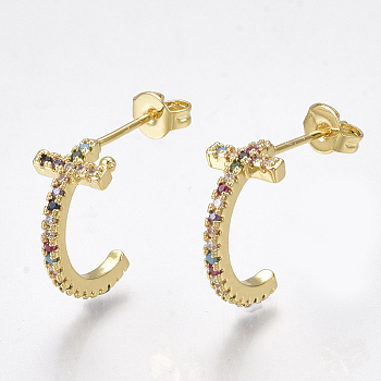 Brass Micro Pave Cubic Zirconia(Random Mixed Color) Stud Earrings, Half Hoop Earrings, with Ear Nuts, Golden, 15.5x7.5mm, Pin: 0.7mm