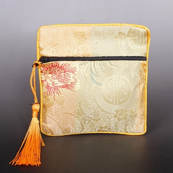 Square Chinese Style Cloth Tassel Bags, with Zipper, for Bracelet, Necklace, Light Yellow, 11.5x11.5cm