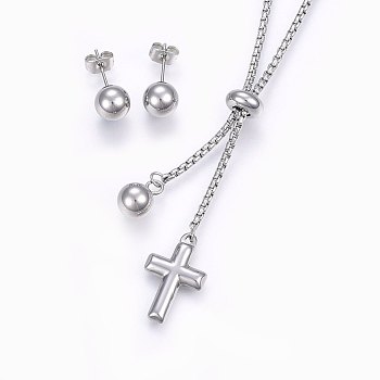 304 Stainless Steel Jewelry Sets, Slider Necklaces and Stud Earrings, Cross and Round, Stainless Steel Color, Necklace: 23.62 inch(60cm), 2mm, Earrings: 19x8mm, Pin: 0.8mm