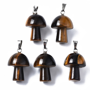 Natural Tiger Eye Pendants, with Stainless Steel Snap On Bails, Mushroom Shaped, 24~25x16mm, Hole: 5x3mm