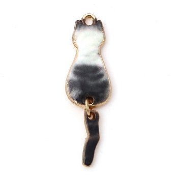 Alloy Enamel Pendant, Cat, Light Gold, White, 35x10mm