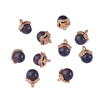 Cat Eye Charms, with Golden Tone Brass Findings, Round Charm, Black, 10mm