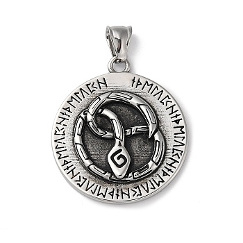 Viking Runes 304 Stainless Steel Pendants, Flat Round with Snake Charm, Antique Silver, 40x35x4mm, Hole: 9x4mm
