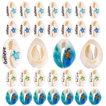 40Pcs 2 Style Printed Cowrie Shell Beads, No Hole/Undrilled, Sea Turtle & Believe PatternHooks & Pins, Mixed Color, 40pcs/box