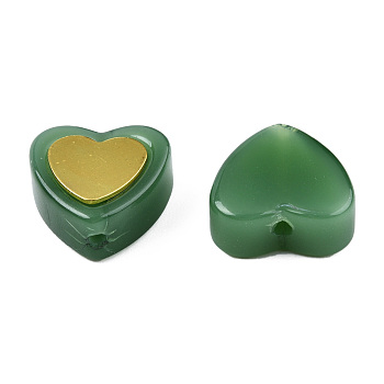 Imitation Jade Spray Painted Glass Beads, with Golden Plated Brass Findings, Heart, Green, 12x12x5mm, Hole: 1mm