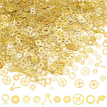 300~400Pcs 10 Style Brass Cabochons, Nail Art Decoration Accessories, Gear, Golden, 5.5~9x0.15mm, Hole: 0.3~4.5mm, 30~40pcs/style