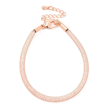 Brass Mesh Chain Bracelets for Women, with Rhinestone & Lobster Claw Clasp, Rose Gold, 6-7/8 inch(17.5~17.6cm)