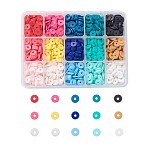 15 Colors Handmade Polymer Clay Beads, Disc/Flat Round, Heishi Beads, Mixed Color, 8x0.5~1mm, Hole: 2mm, 15colors, about 133~140pcs/color, 1995~2100pcs/box(CLAY-JP0001-06B)