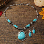 Bohemian Ethnic Style Alloy with Synthetic Turquoise Teardrop Pendant Necklaces & Oval Dangle Earrings Sets, Antique Silver, 520mm(FS-WGCAAC5-01)