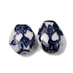 Handmade Porcelain Beads, Oval with Leaf, Blue and White Porcelain Pattern, Midnight Blue, 14x12x6.5mm, Hole: 1.6mm(PORC-A032-09)