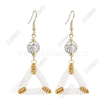 Handmade Glass Seed Beads Triangle Dangle Earrings, with Polymer Clay Rhinestone Beads, Triangle, Golden, White, 62x26.5mm(EJEW-FS00080)