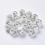 Handmade Lampwork European Beads, Large Hole Beads, with Silver Color Plated Brass Double Cores, Inner Flower Lampwork, Rondelle, Colorful, 14x11mm, Hole: 5mm(LAMP-S193-009H)