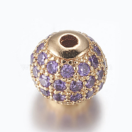 Brass Micro Pave Cubic Zirconia Beads, Round, Golden, Violet, 8mm, Hole: 1.5mm(ZIRC-E134-8mm-08G)