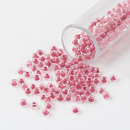 11/0 Grade A Transparent Glass Seed Beads, Inside Color, Pale Violet Red, 2.3x1.5mm, Hole: 1mm, about 5300pcs/50g(X-SEED-N001-D-210)