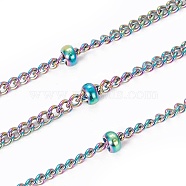 Ion Plating(IP) 304 Stainless Steel Curb Chains, Satellite Chains, with Spool and Beads, Soldered, Rainbow Color, 2.5x1.5x1mm, about 32.8 Feet(10m)/roll(CHS-I003-G01)