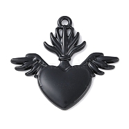 Rack Plating Alloy Enamel Pendants, Cadmium Free & Nickel Free & Lead Free, Sacred Heart with Wing Charm, Black, 27.5x30x2mm, Hole: 1.5mm(PALLOY-F018-32EB-01)