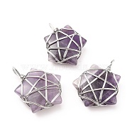 Natural Amethyst Pendants, with Platinum Tone Copper Wire Wrapped, Cadmium Free & Lead Free, Star, 37~41x29~31x9~11mm, Hole: 4.5~6mm(G-D458-07P-05-RS)