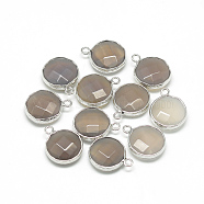 Natural White Jade Pendants, with Brass Findings, Faceted, Dyed, Flat Round, Platinum, Gray, 19~21x15~16x6~7mm, Hole: 2mm(G-Q964-02P)