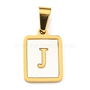 PVD Vacuum Plating 304 Stainless Steel Pave Natural White Shell Pendants, Rectangle with Letter Charms, Golden, Letter J, 17.5x12x1.5mm, Hole: 6x3mm(STAS-S130-03G-J)