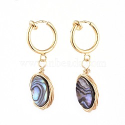 Natural Abalone Shell/Paua Shell Clip-on Hoop Earrings, with 316 Surgical Stainless Steel Clip-on Earrings Findings, Oval, Golden, 33mm(EJEW-JE04130-02)