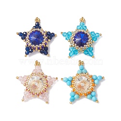 Glass & Seed Bead Woven Pendants, Star, Mixed Color, 30x28~30x6.5mm, Hole: 1.8mm(PALLOY-MZ00259)