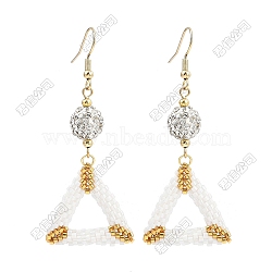 Handmade Glass Seed Beads Triangle Dangle Earrings, with Polymer Clay Rhinestone Beads, Triangle, Golden, White, 62x26.5mm(EJEW-FS00080)