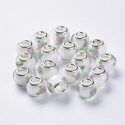 Handmade Lampwork European Beads, Large Hole Beads, with Silver Color Plated Brass Double Cores, Inner Flower Lampwork, Rondelle, Colorful, 14x11mm, Hole: 5mm(LAMP-S193-009H)