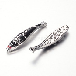 Alloy Enamel Beads, Fish, Antique Silver, Black, 43x9x5.5mm, Hole: 1mm(ENAM-G036-01AS)