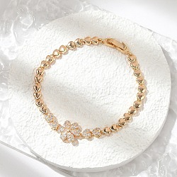 Brass Micro Pave Cubic Zirconia Link Chain Bracelets, Cadmium Free & Lead Free, Long-Lasting Plated, Golden, Flower, 7-7/8 inch(20.1cm)(KK-R217-48G)