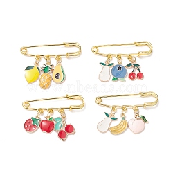 Fruit Alloy Enamel Charm Brooch Pin, Iron Safety Kilt Pin for Sweater Shawl, Mixed Color, 34~40x50.5mm, 4pcs/set(JEWB-BR00097)