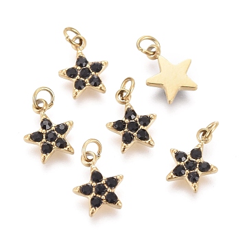 316 Surgical Stainless Steel Charms, with Rhinestone and Jump Rings, Star, Golden, Jet, 8x6x1.3mm, Hole: 1.8mm