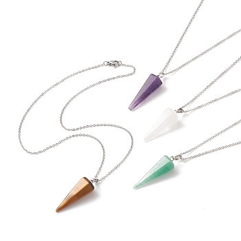 Gemstone Cone Pendant Necklace, 304 Stainless Steel for Men Women, 17.56 inch(44.6cm)