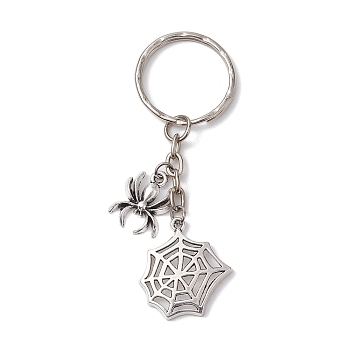 Halloween Alloy Keychains, with Iron Split Key Rings, Spider & Web, Antique Silver & Platinum, 7.3cm