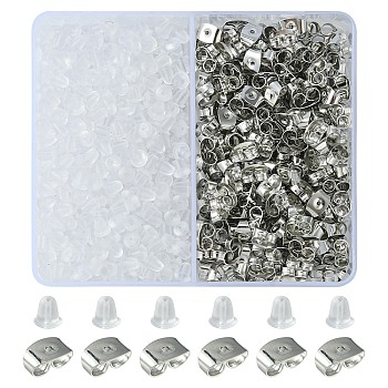 650Pcs 2 Style Ear Nuts, Plastic Bell Ear Nuts & Iron Friction Ear Nuts, Platinum, 4~6x4x3~4mm, Hole: 0.7~1mm