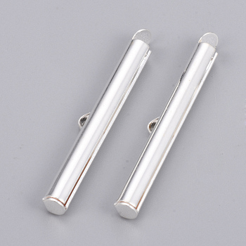Brass Slide On End Clasp Tubes, Slider End Caps, Silver Color Plated, 6x35x4mm, Hole: 1x3mm, Inner Diameter: 3mm